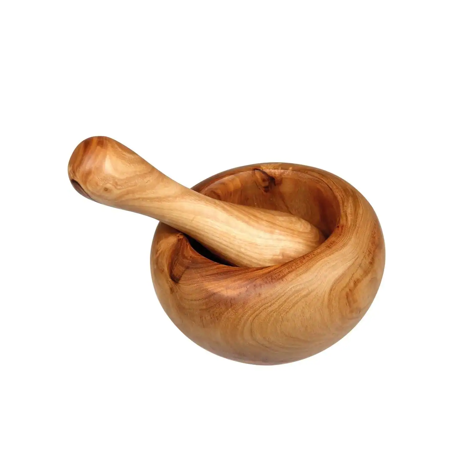 Mortier en bois d'olivier avec pilon, idéal pour moudre épices et herbes.