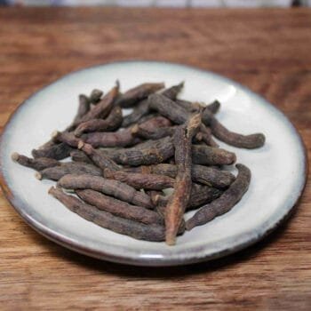 Gousses de poivre long sur une assiette blanche, épice aromatique utilisée en cuisine pour son goût unique.