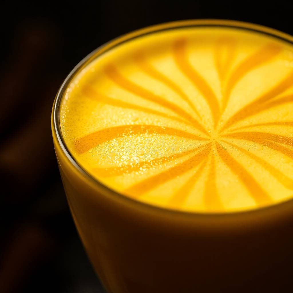 Lait doré au curcuma avec motif tourbillonnant, boisson chaude épicée pour bien-être et détente.