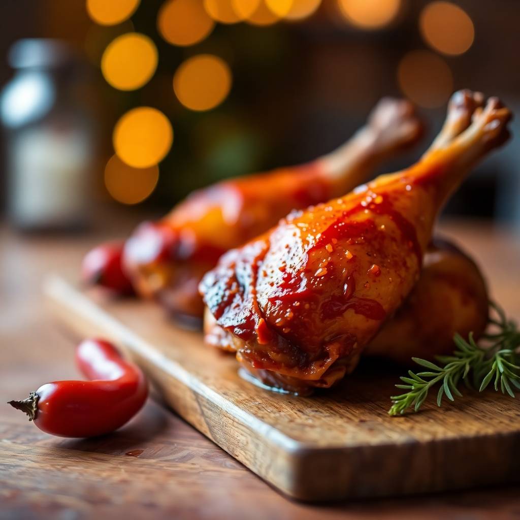 Poulet rôti à la sauce épicée sur planche à découper, ambiance festive en arrière-plan.