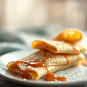 Crêpes sucrées avec caramel coulant, servies sur une assiette blanche - dessert gourmand et savoureux.