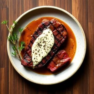 Steak grillé avec sauce crémeuse et poivre, décoré d'herbes fraîches sur une assiette en bois.