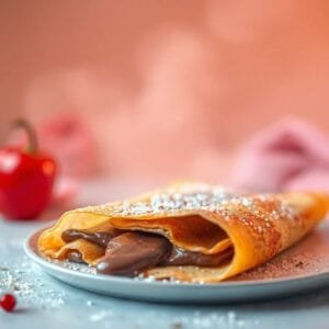 Crêpe gourmande au chocolat, saupoudrée de sucre glace sur assiette, avec fond doux et arrière-plan flou.