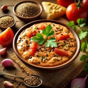 Bol de houmous épicé garni de tomates, graines et coriandre, entouré d'ingrédients frais sur une table en bois.