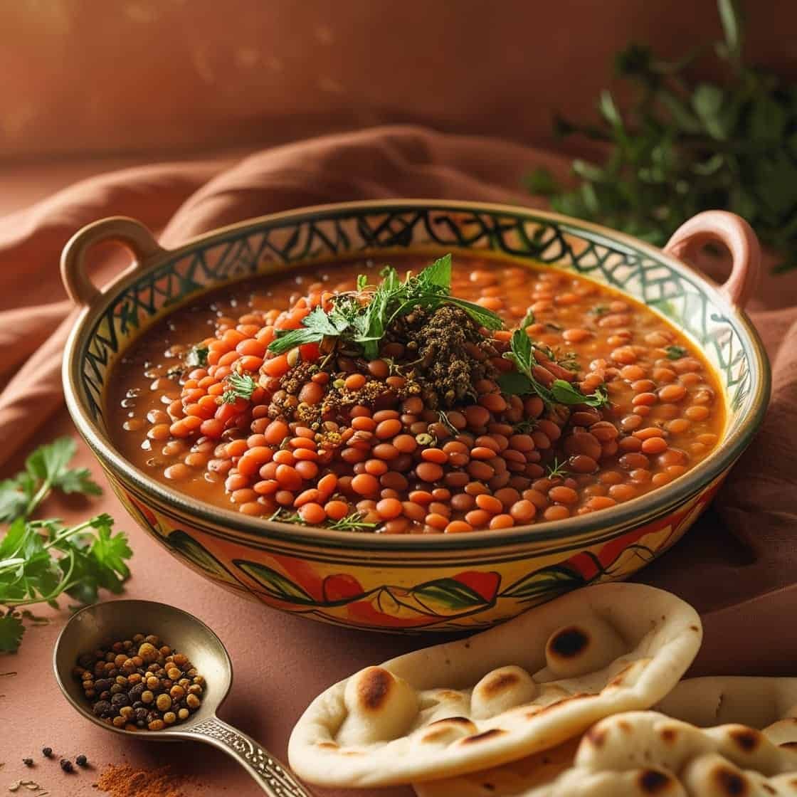 Plat de lentilles épicées orné d'herbes fraîches, avec pain naan, sur une table élégante.