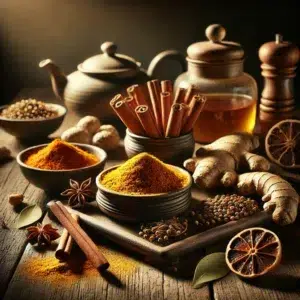 Épices variées sur table en bois, avec théière en arrière-plan, ambiance chaleureuse et rustique.