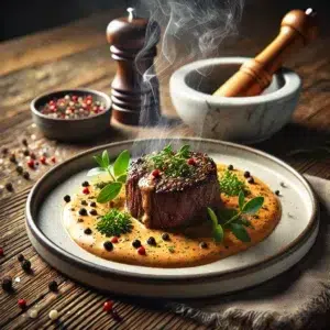 Plat de filet de bœuf gourmet avec sauce crémeuse, herbes et épices décoratives, sur une table en bois rustique.