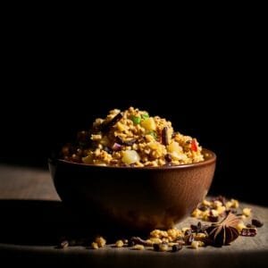 Bol de céréales croquantes aux fruits secs et épices sur fond noir.