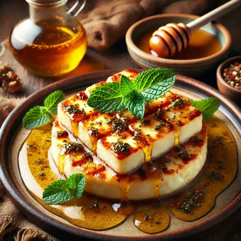 Grilled halloumi drizzled with honey, garnished with mint leaves on a rustic plate.