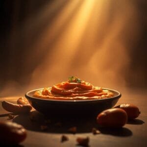 Purée de carottes en lumière naturelle, servie dans un bol, entourée de carottes fraîchement coupées.