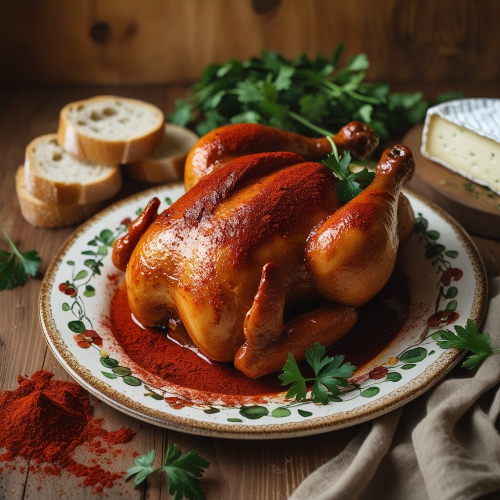 Poulet rôti épicé avec paprika, entouré de pain, fromage et persil sur une table en bois.