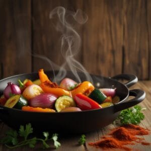 Légumes sautés colorés dans une poêle noire avec épices sur table en bois, vapeur fondue.