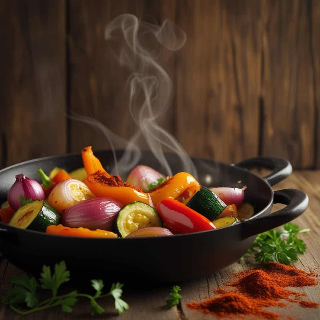 Légumes sautés colorés dans une poêle noire avec épices sur table en bois, vapeur fondue.