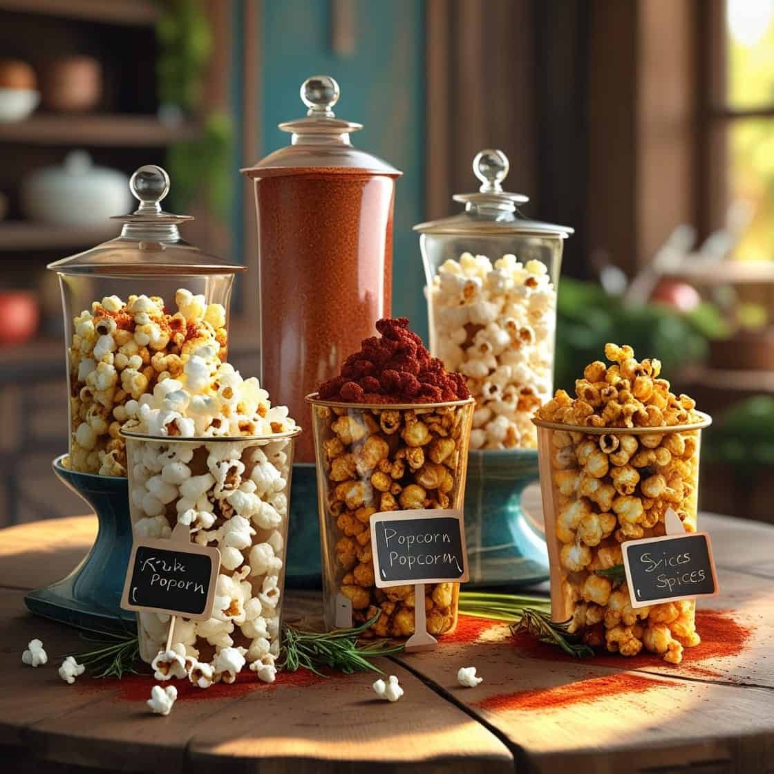 Assortiment de popcorns épicés exposés dans des bocaux en verre élégant sur une table en bois rustique.