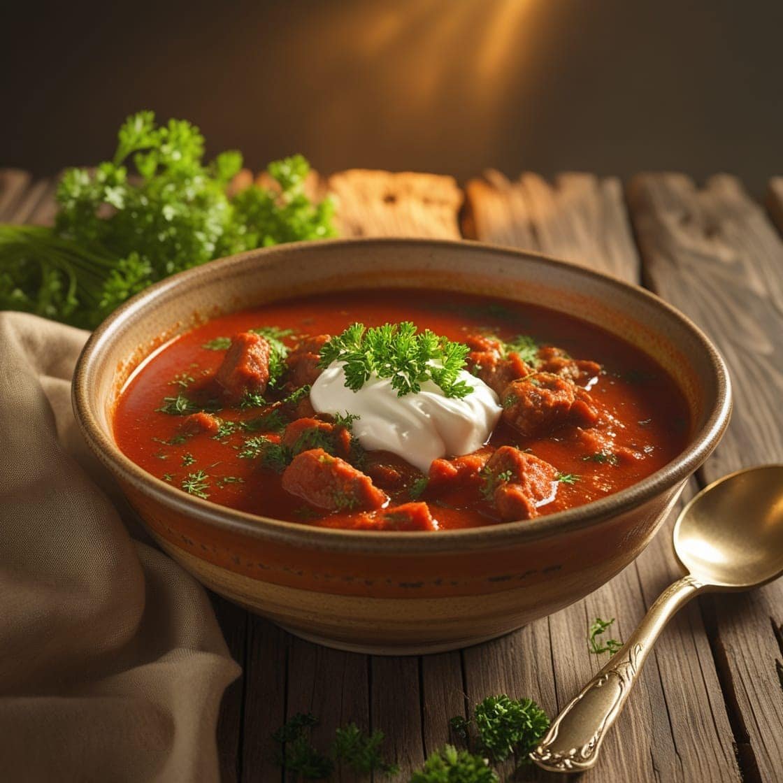 Bol de goulash riche et épicé, garni de crème et persil, posé sur une table en bois avec une cuillère dorée.