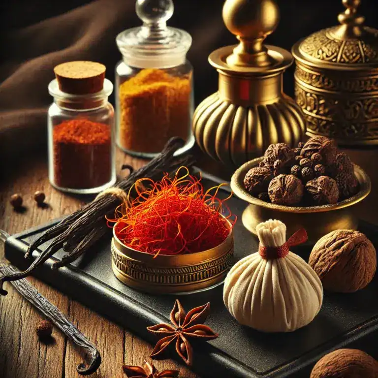 Assortiment d'épices exotiques sur table en bois, y compris safran, vanille, anis étoilé et noix muscade dans des pots décoratifs.