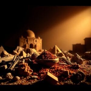 Épices orientales, pyramides en miniature et taj mahal dans la lumière dorée du coucher de soleil.