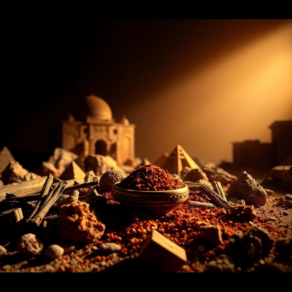 Épices orientales, pyramides en miniature et taj mahal dans la lumière dorée du coucher de soleil.