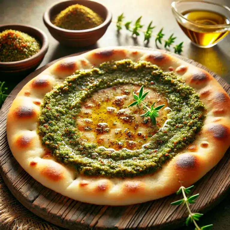 Pain plat garni de zaatar et d'huile d'olive, accompagné d'épices en arrière-plan sur une planche en bois.