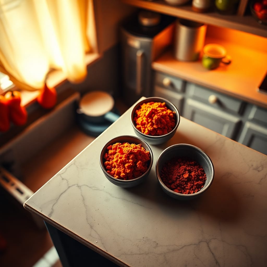 Trois bols d'épices rouges sur un plan de travail en cuisine pour une ambiance chaleureuse et épicée.