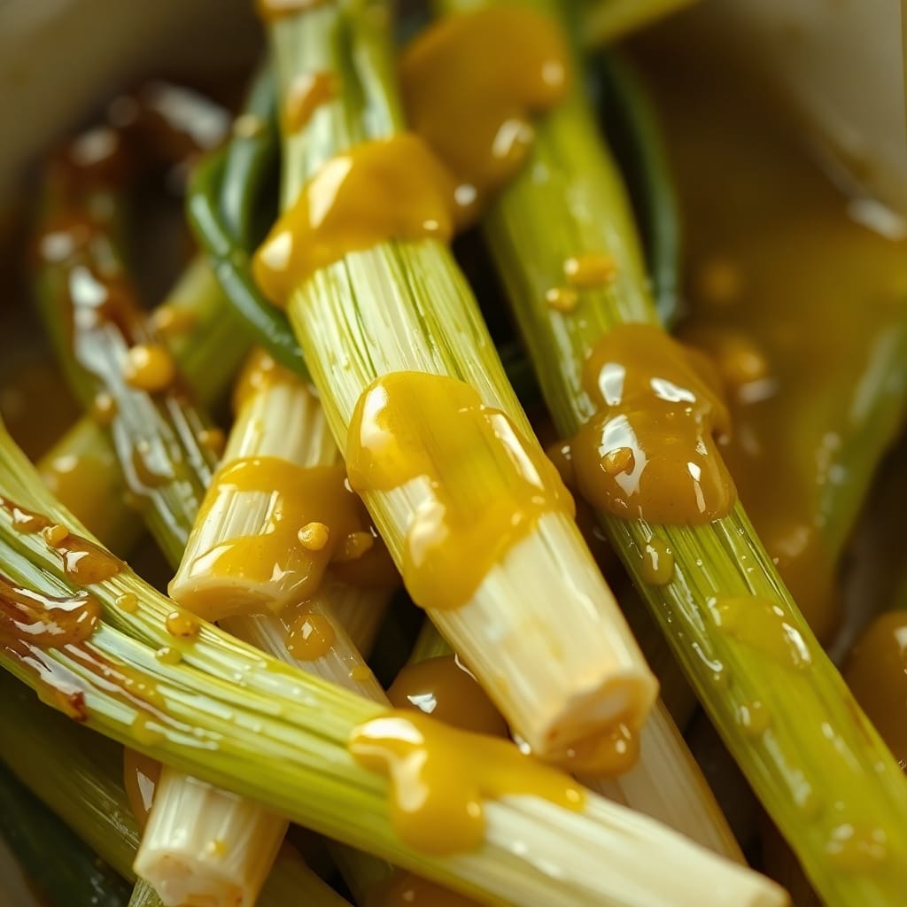 Poireaux nappés de sauce dorée, capture appétissante de légumes frais pour des plats gourmands et colorés.