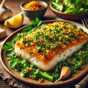 Filet de poisson en croûte d’herbes et citron, accompagné de brocoli et salade, servi sur assiette rustique.