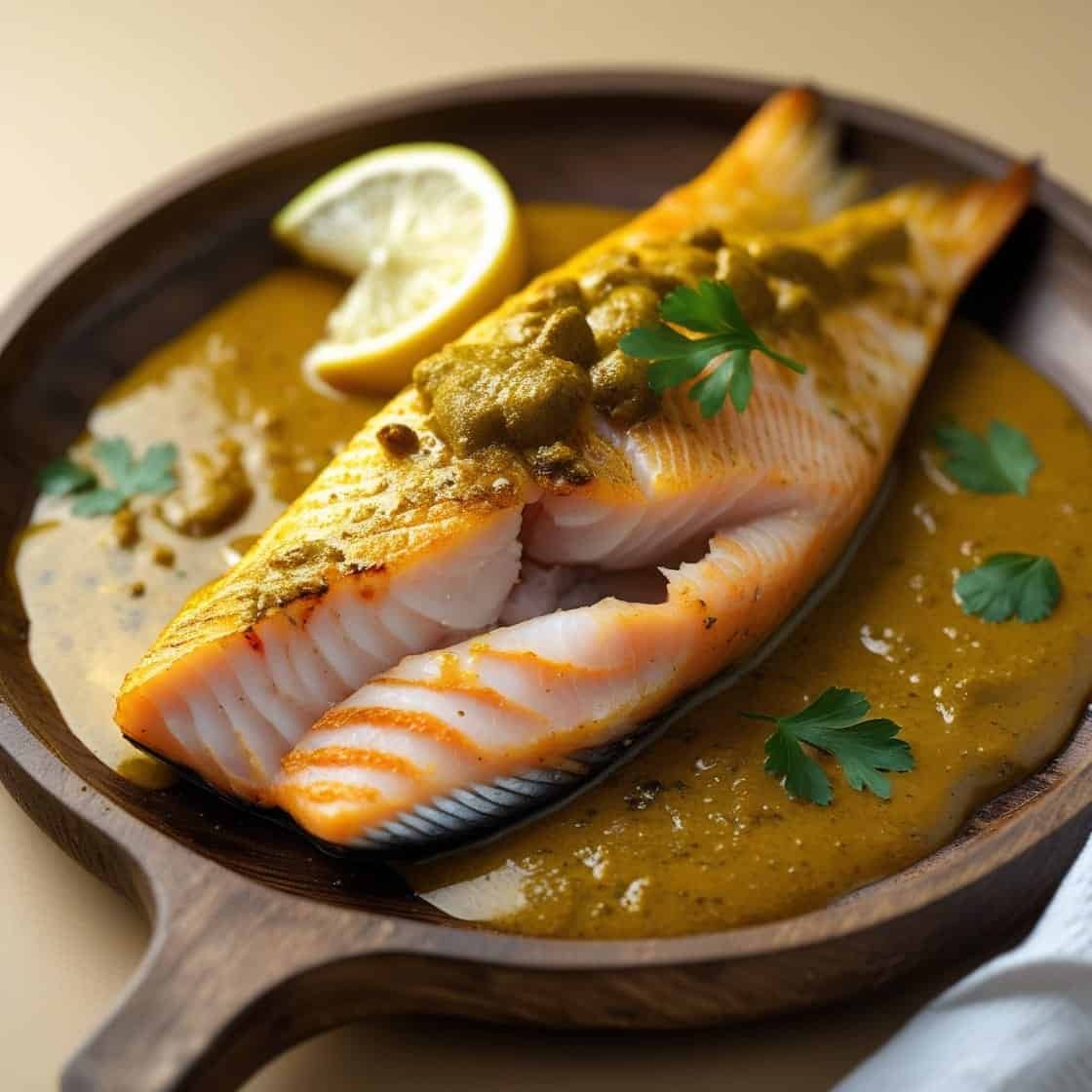 Filet de saumon au four avec sauce moutarde, garni de persil et tranche de citron. Repas gourmand et équilibré.