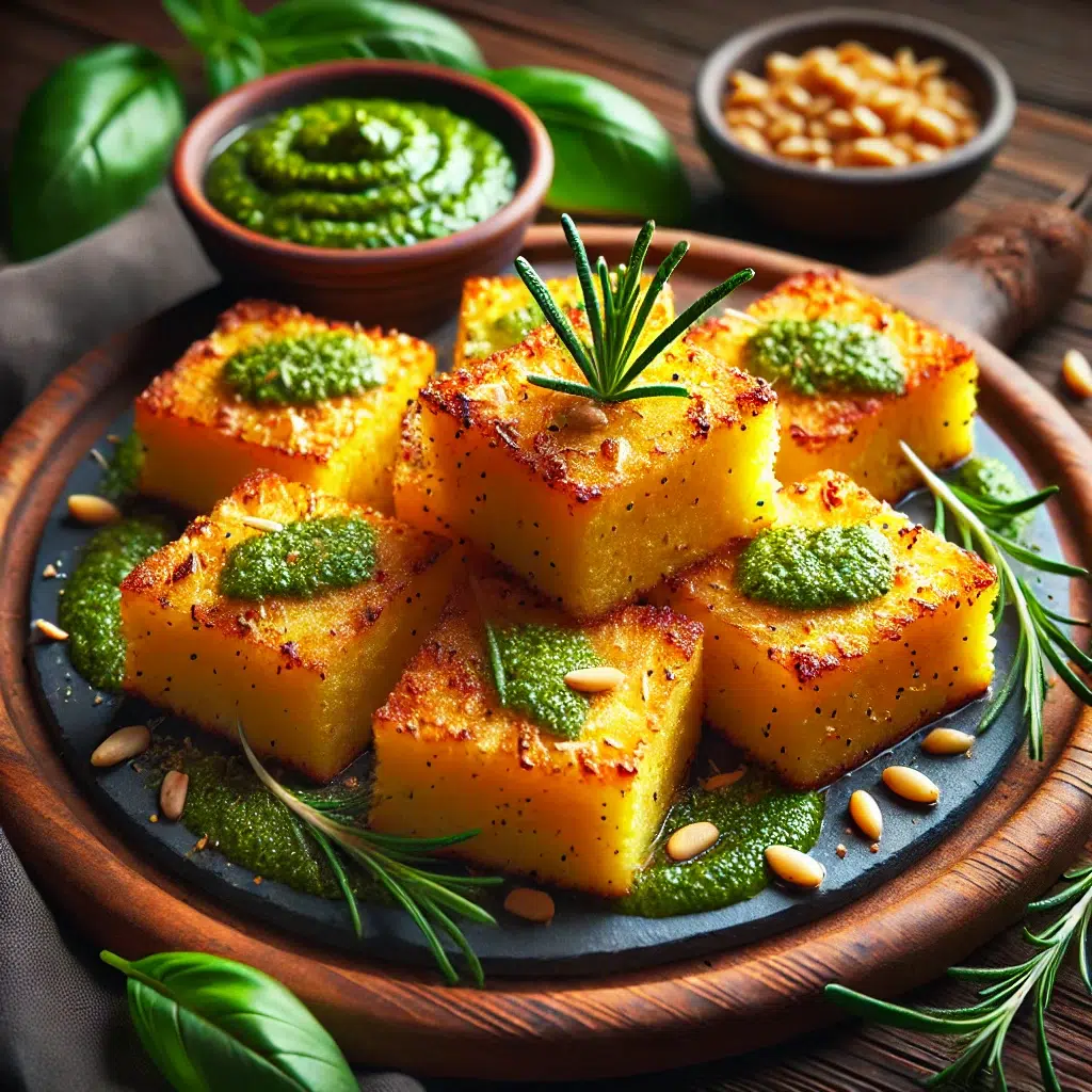 Cubes de polenta grillée avec pesto et pignons sur une assiette en bois, garnis de romarin frais.