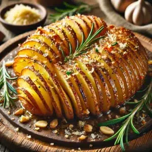 Pommes de terre rôties façon Hasselback garnies de romarin, ail et parmesan, servies sur une planche en bois.