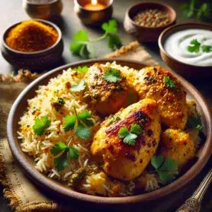 Plat de poulet épicé avec riz basmati, garni de coriandre fraîche, accompagné de sauce au yaourt et épices.