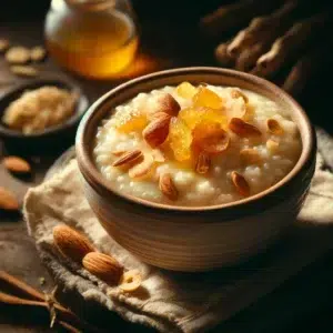 Bol de riz au lait garni d'amandes et fruits secs, avec miel en arrière-plan, sur table rustique.