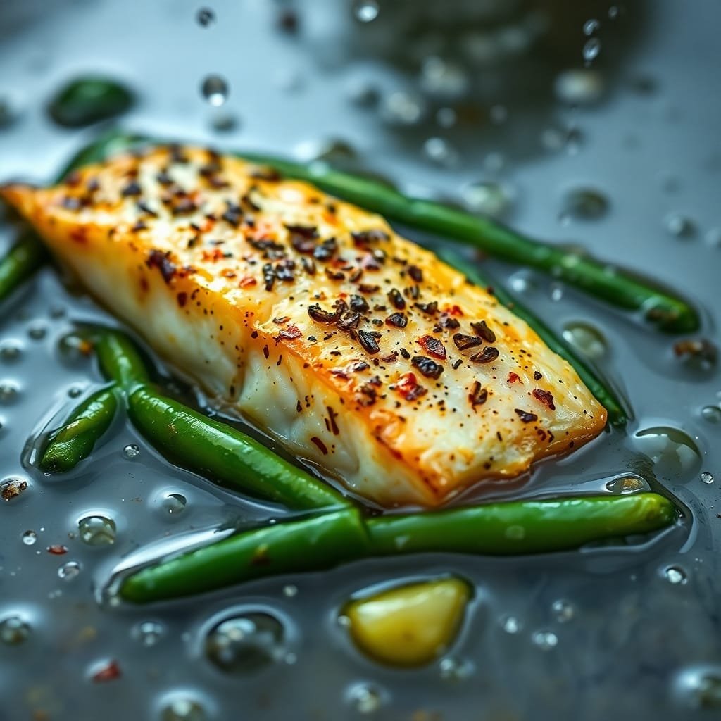 Filet de poisson épicé sur lit de haricots verts dans une sauce savoureuse. Repas sain et gourmand.