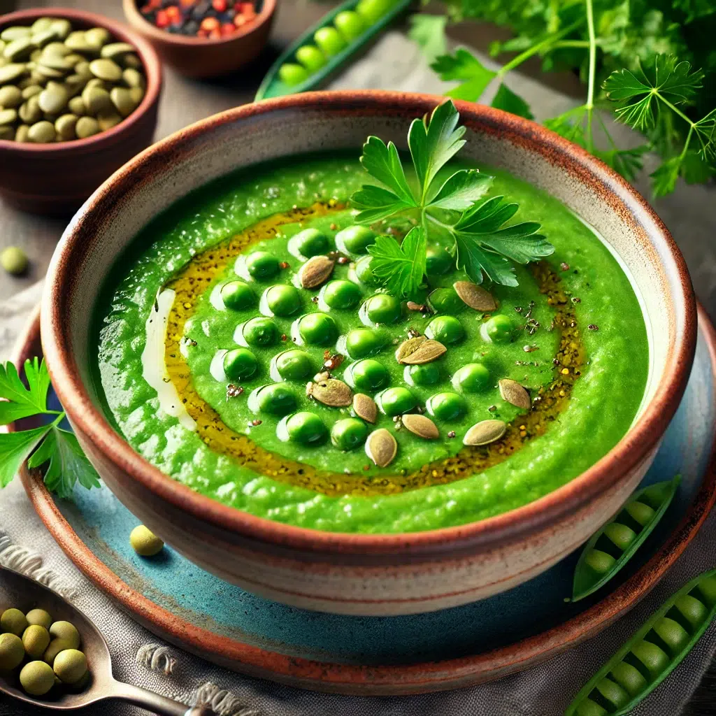 Bol de soupe de pois verts crémeuse, garnie de graines et de persil frais, nutrition saine et savoureuse.
