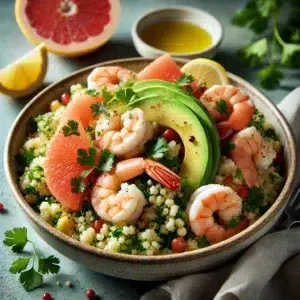 Salade de crevettes, avocat et pamplemousse avec couscous, parfaite pour un repas frais et équilibré.