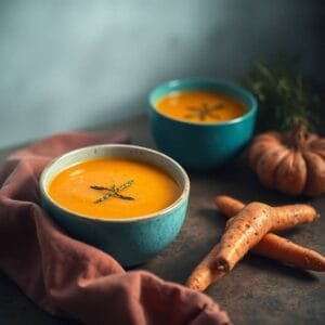 Soupe de carottes crémeuse servie dans des bols en céramique avec des branches de thym, ambiance rustique et réconfortante.