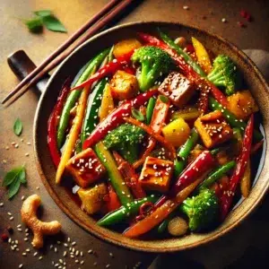 Assiette de tofu aux légumes sautés, garnie de graines de sésame, avec des baguettes en arrière-plan.