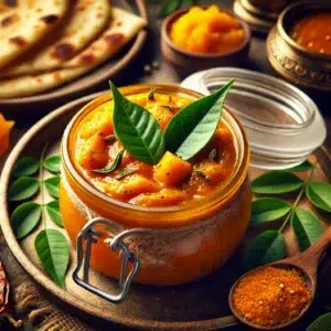 Chutney de mangue maison épicé dans un bocal en verre, entouré de feuilles et épices sur une table rustique.