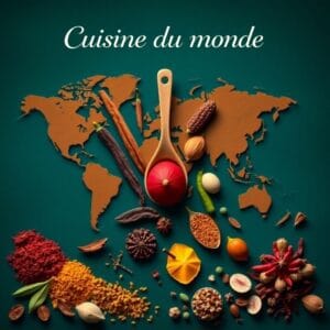 Carte du monde en épices et ingrédients colorés, symbolisant la diversité de la cuisine internationale.