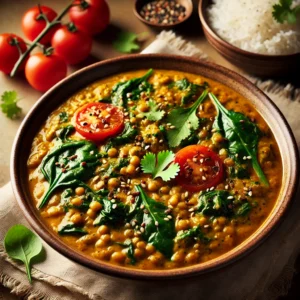 Bol de curry de lentilles épicé avec épinards et tomates fraîches, accompagné de riz blanc aromatique.