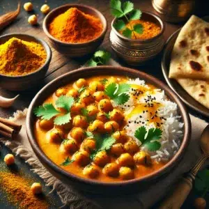 Plat de curry de pois chiches avec riz, garni de coriandre, accompagné de naan et épices indiennes en arrière-plan.