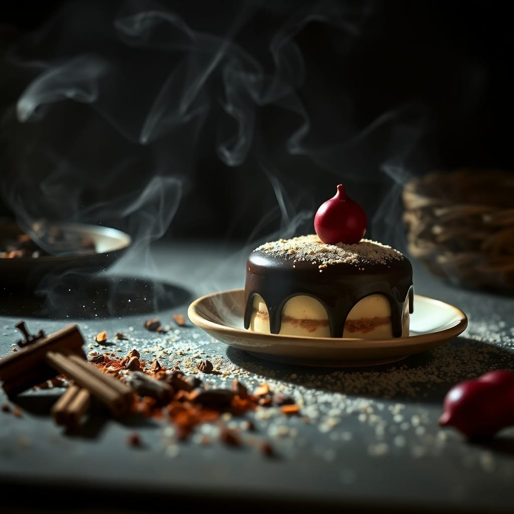 Gourmandise chocolatée avec décoration fruitée sur fond de fumée aromatique et épices.
