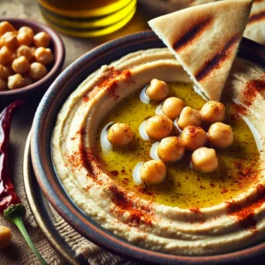 Houmous crémeux garni de pois chiches, huile d'olive, paprika et pita grillé, ambiance méditerranéenne savoureuse.