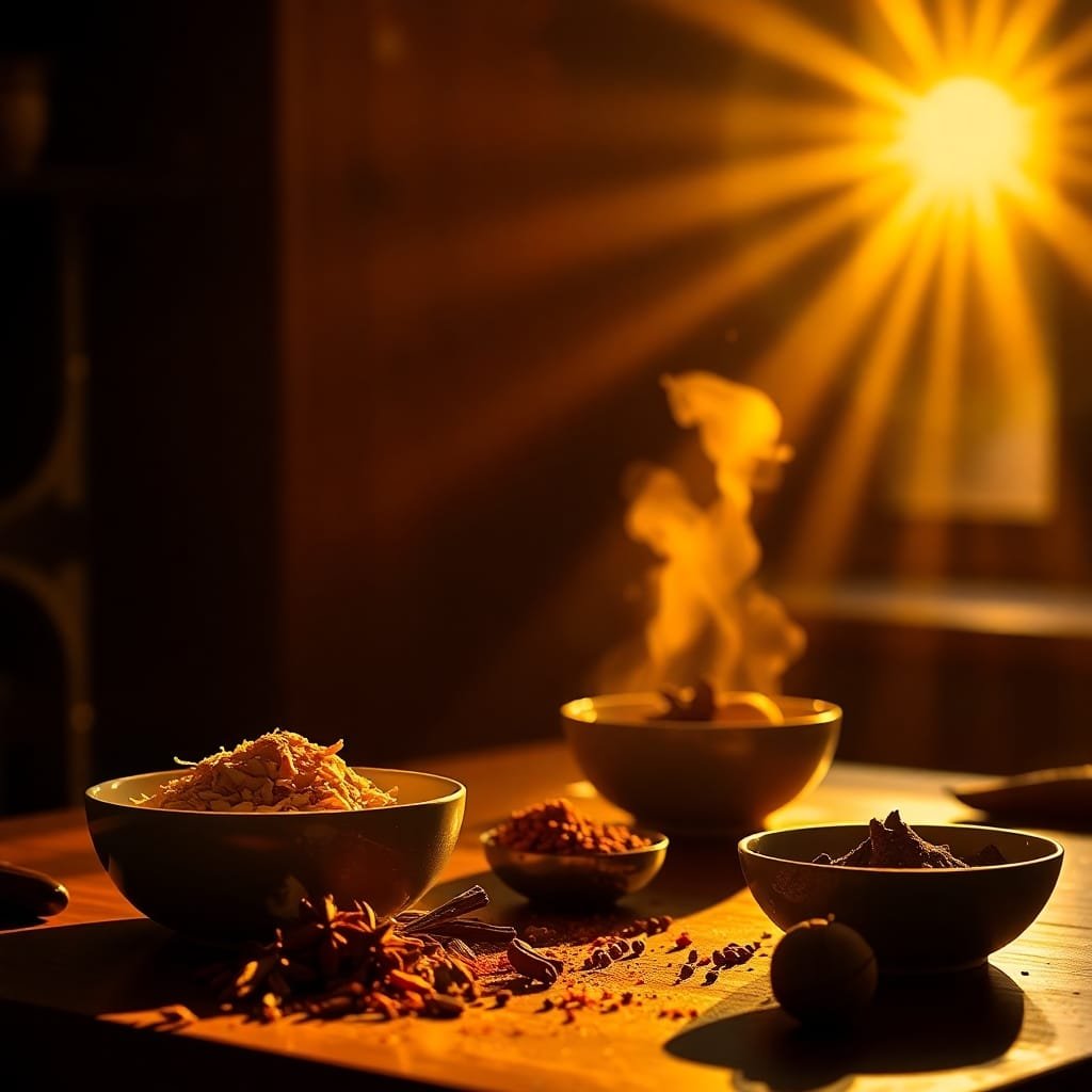 Bols d'épices illuminés par le soleil couchant, créant une ambiance chaleureuse et invitante dans une cuisine rustique.
