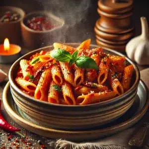 Bol de penne épicées à la sauce tomate, garni de basilic frais et parmesan, ambiance chaleureuse et épicée.