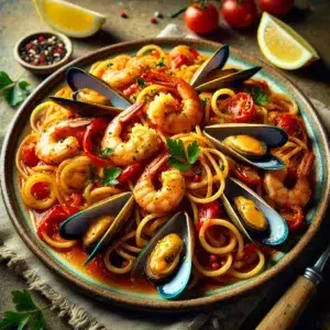 Spaghetti aux fruits de mer avec crevettes, moules et tomates cerises, garnis de persil frais et d'un zeste de citron.