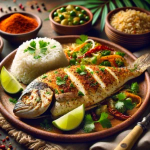 Plat de poisson grillé avec riz, légumes et citrons verts, épices et herbes fraîches sur une table rustique.