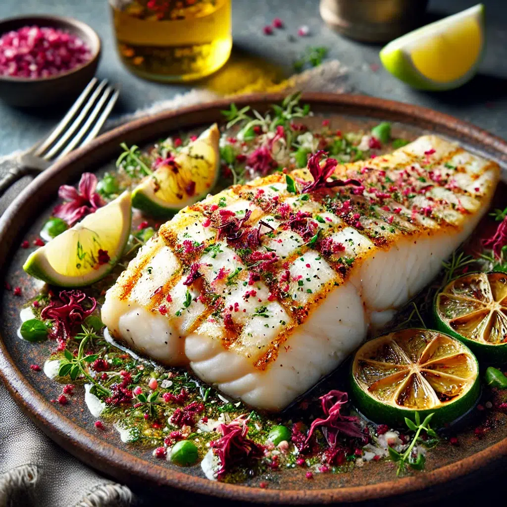 Filet de poisson grillé avec herbes aromatiques et citron vert, servi sur une assiette rustique.