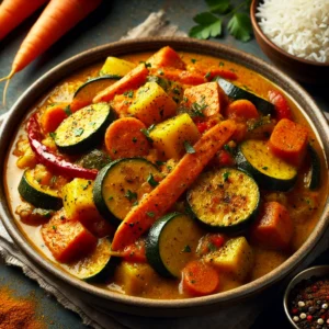 Plat de curry de légumes colorés avec courgettes, carottes et pommes de terre, accompagné de riz blanc parfumé.