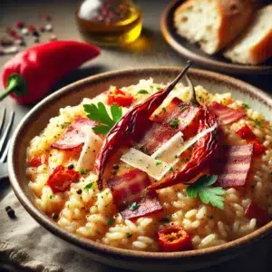 Risotto crémeux avec bacon, piments rouges et parmesan, garni de persil frais, à côté de pain croustillant.