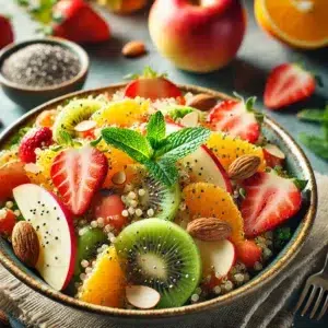 Salade de fruits frais avec fraises, kiwi, amandes et graines de chia, garnie de menthe pour une touche exotique et saine.